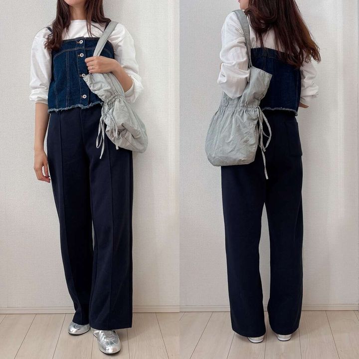 ユニクロ スウェットストレートパンツ ロンＴ×デニムビスチェカジュアルコーデ