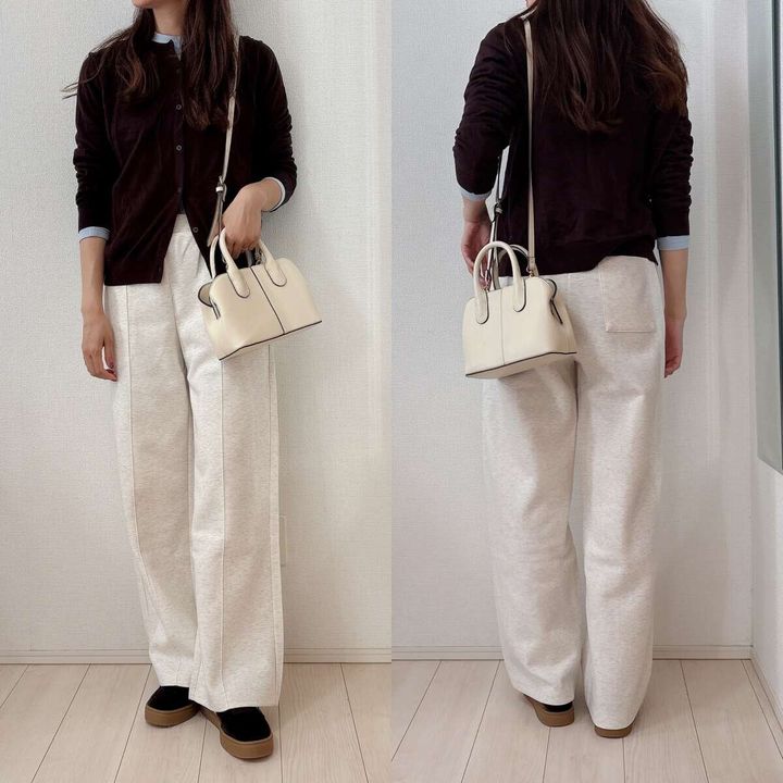 ユニクロ スウェットストレートパンツ ブルー×ブラウンカーディガンレイヤードコーデ