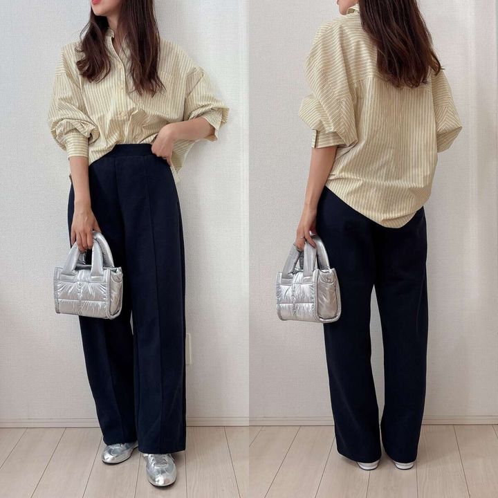 ユニクロ スウェットストレートパンツ イエローストライプシャツコーデ