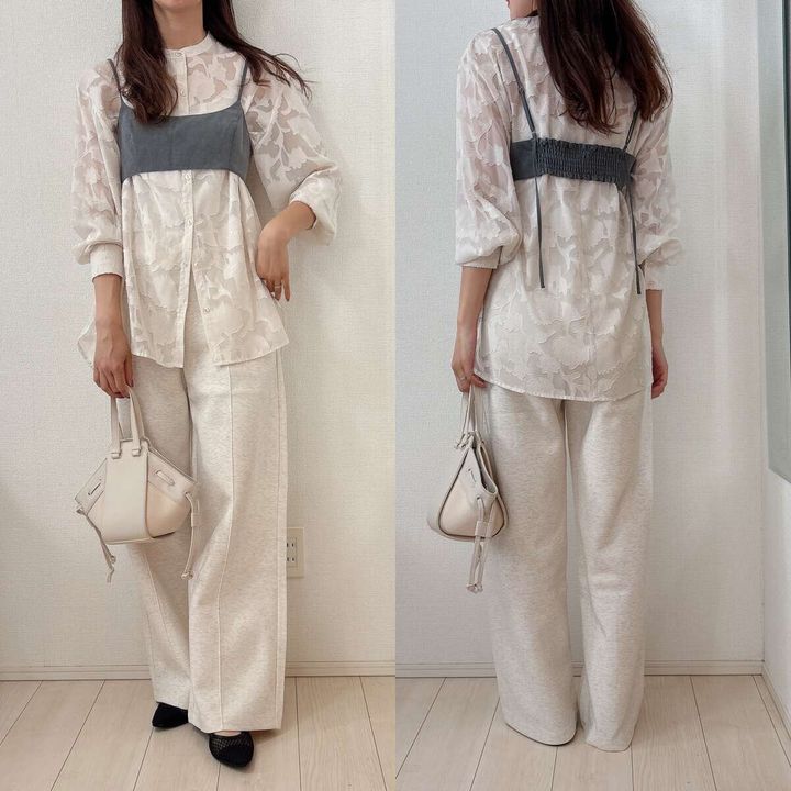 ユニクロ スウェットストレートパンツ シアーブラウス×ビスチェワントーンコーデ