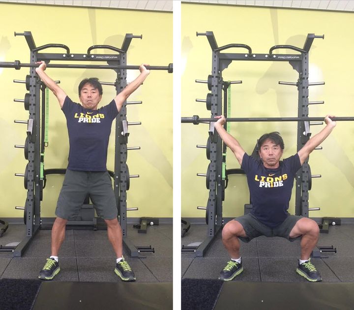 バーベルを使ったオーバーヘッド・スクワット（前から見たフォーム）