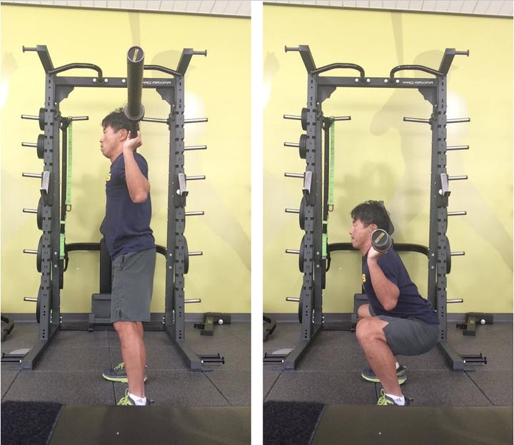 バーベルを使ったバック・スクワット（横から見たフォーム）