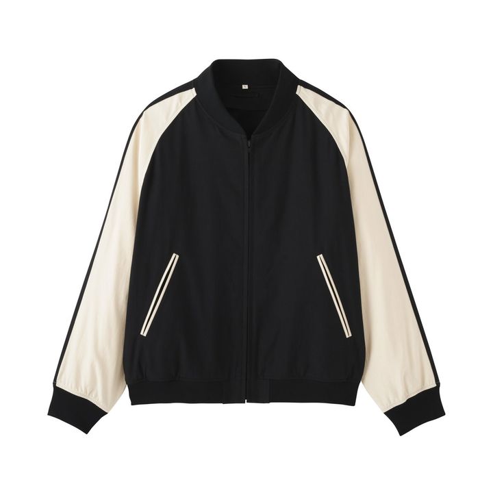 ムジラボ レーヨンコットン ショートブルゾン 黒×オフ白