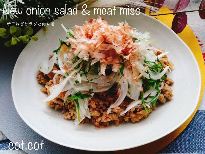 全体を混ぜていただきます！新玉ねぎサラダと肉味噌