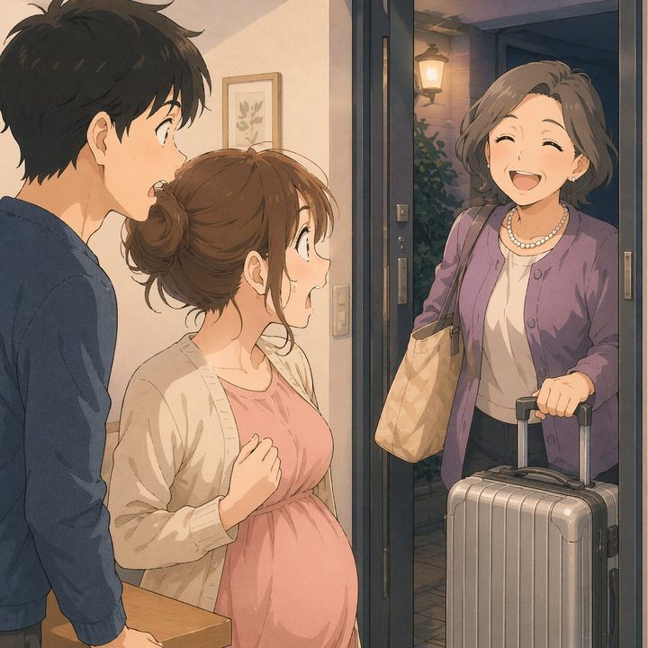 Pregnant woman in a pink dress and cardigan stands at a doorway, surprised by a smiling older woman arriving with a suitcase and tote bag.