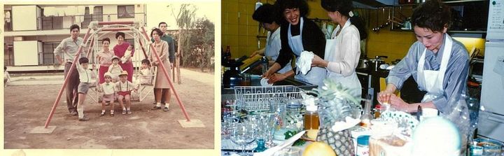 左：1970年頃。社宅で料理教室をはじめた頃（後列左から2番目が村上さん：中野坂上の社宅敷地にて）。右:三田のスタジオでの料理講習（写真右端が村上さん）