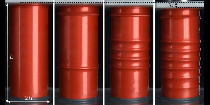 【専門家向け】この現象は「高圧缶の変形」ではなく、「近似的に体積を保つ薄肉円筒の局在・順次座屈」である