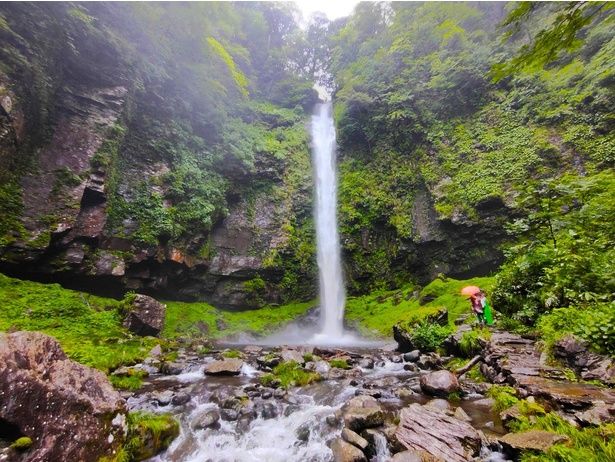 60メートルの高さからしぶきを上げる阿弥陀ヶ滝