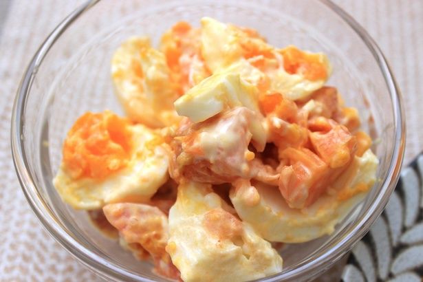 ▲卵とにんじんで食べ応え抜群！「にんじんとゆで卵のサラダ」