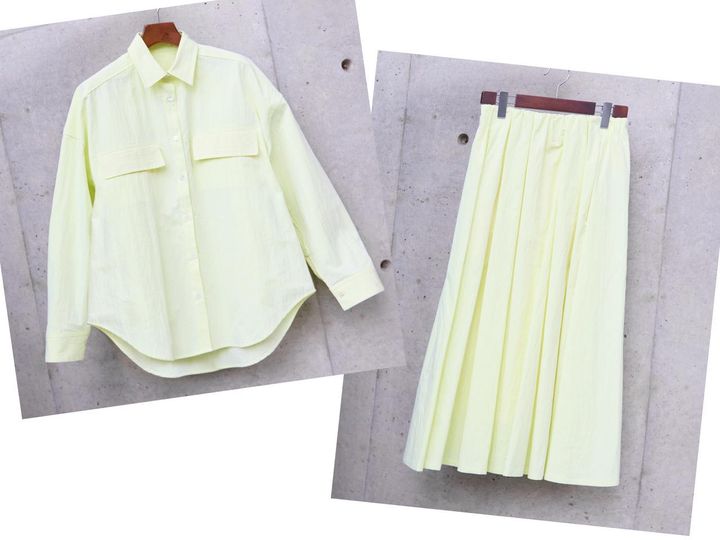 画像: イエローのウェザークロスシャツ￥28,600・スカート￥31,900（マルティニーク） store.melrose.co.jp
