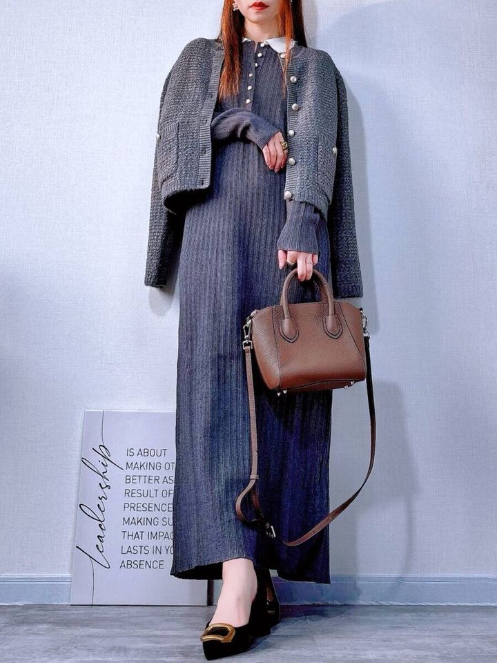 GU ツイーディーニットカーディガン グレー×ニットワンピコーデ