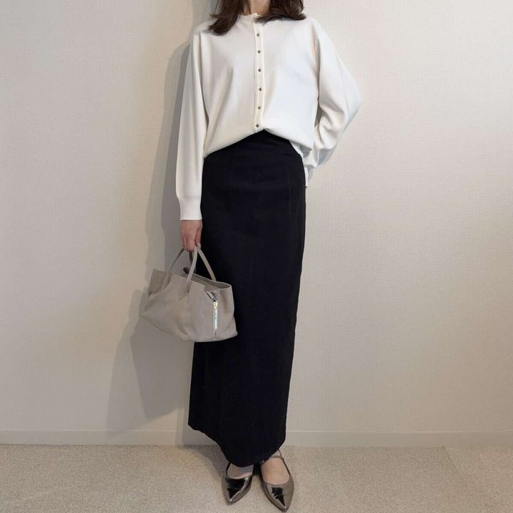 PLST UVカットレーヨンブレンドメタルボタンカーディガンのスカートコーデ