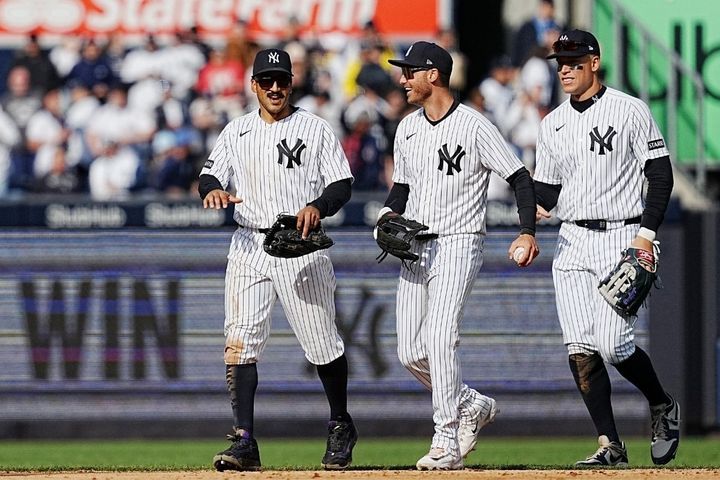 左からヤンキースのトレント・グリシャム、コディ・ベリンジャー、アーロン・ジャッジ（C）Getty Images