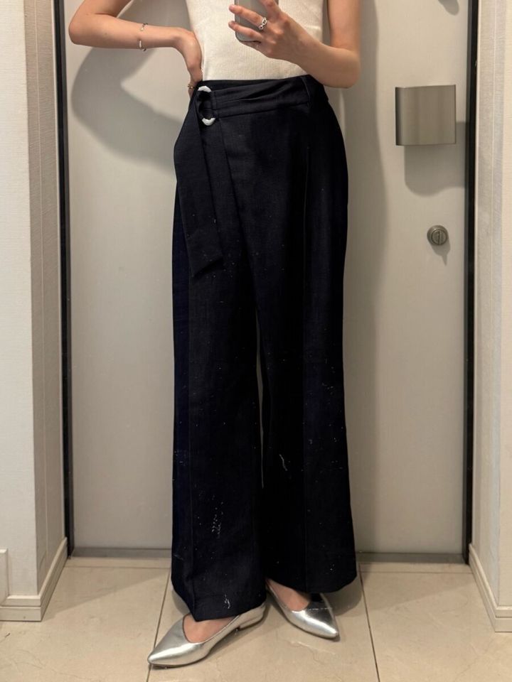 PLST ストレッチレーヨンラップパンツ ネイビー 正面