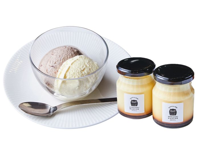 北大マルシェ Cafe & Laboの自家製ジェラート2種盛、北大牛乳プリン