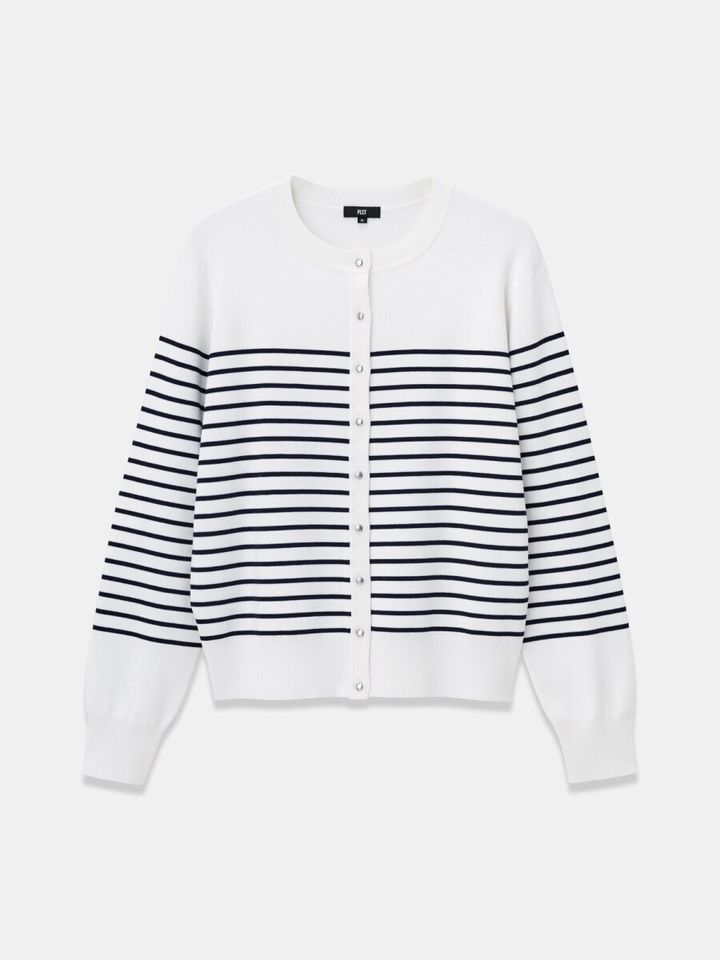 PLSTのUVカットレーヨンブレンドメタルボタンカーディガン