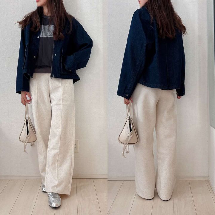 ユニクロ ユーティリティショートジャケットデニム スウェットパンツナチュラルカラーコーデ