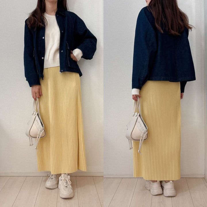 ユニクロ ユーティリティショートジャケットデニム イエローリブスカート×ニットコーデ