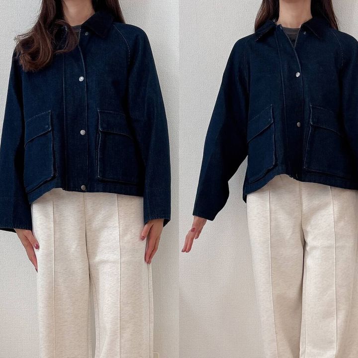 ユニクロ ユーティリティショートジャケットデニム 171cm着用サイズ感（袖ボタン開閉比較）