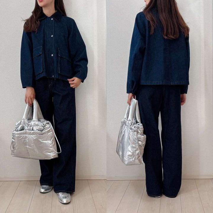 ユニクロ ユーティリティショートジャケットデニム ネイビーデニムセットアップ風コーデ