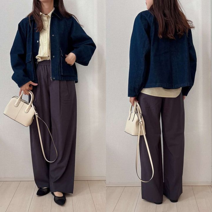 ユニクロ ユーティリティショートジャケットデニム ストライプシャツ×ワイドパンツきれいめコーデ