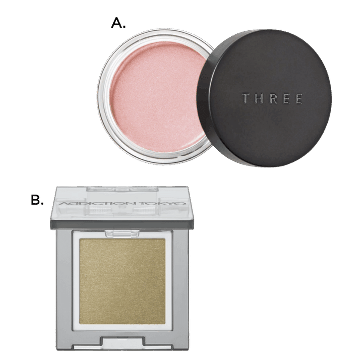 A.グラムトーンカラーカスタード 09（THREE） B.シングル アイシャドウ ネイキッドシアー 103N Through the Filter（アディクション ビューティ・限定）