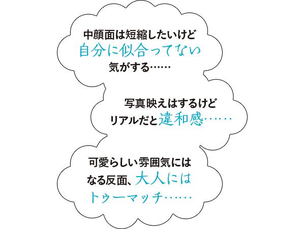 「中顔面は短縮したいけど自分に似合ってない気がする……」「写真映えはするけどリアルだと違和感……」「可愛らしい雰囲気にはなる反面、大人にはトゥーマッチ……」