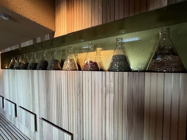 壁に並ぶフラスコにはハーブや薬草が入っている