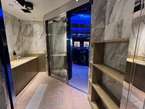 脱衣所と浴室の間に棚があるので、風呂上がりに使うタオルなどはここに置こう