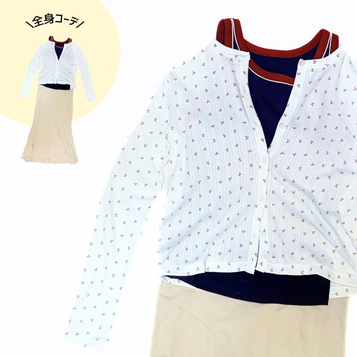 ユニクロのさくらんぼ柄（WHITE）のポインテールカーディガンを使ったコーデ