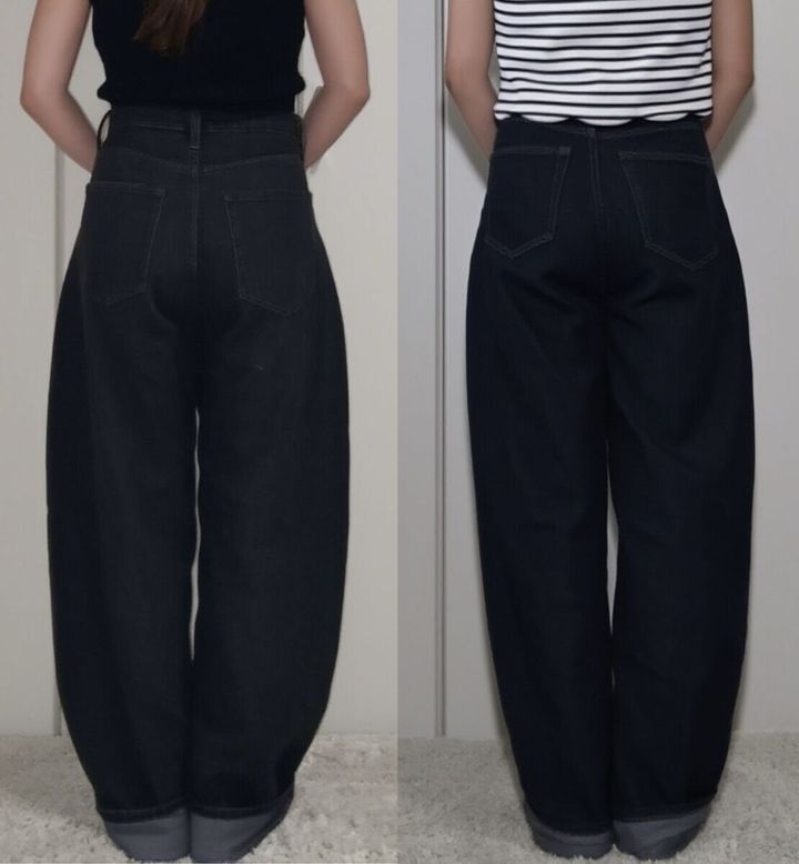 ユニクロ バギーカーブジーンズ 2サイズはき比べ ダークグレー23サイズとネイビー22サイズ
