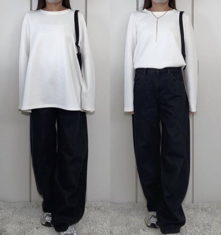 ユニクロ バギーカーブジーンズ トップスインメリハリコーデ比較