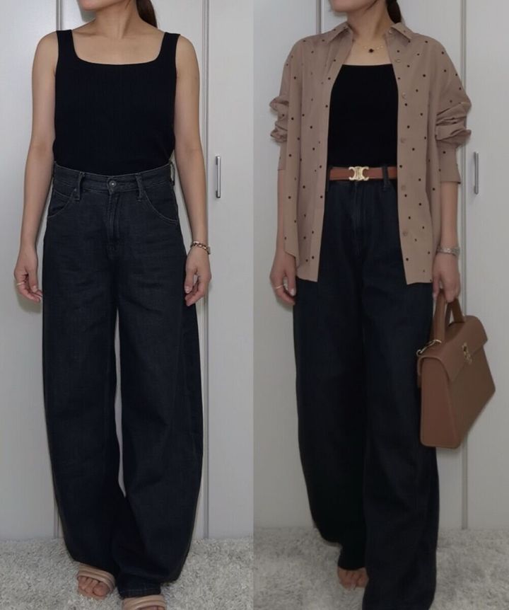 ユニクロ バギーカーブジーンズ シャツ羽織り×ベルト縦ラインコーデ比較