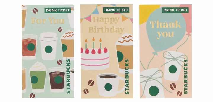 （左から）「ビバレッジギフトミニカード For You / Happy Birthday / Thank you」（ドリンクチケット付）各550円 【ドリンク引き換え有効期間】2026年4月8日（水）～2026年10月4日（日） 【ドリンク交換チケット】 700円（店内利用）、687円（持ち帰り）までのドリンクと交換可能