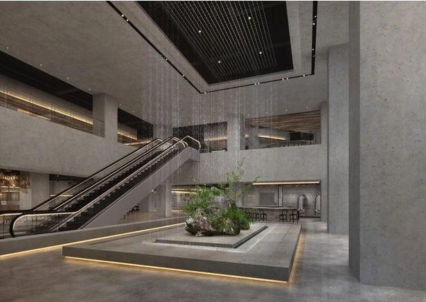 日本の自然美が感じられる圧巻の吹き抜け空間。2階の中央にあるのは雨の演出を実施している「翠岩の丘」