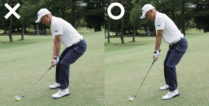 構え方を変えると引っかけない！ツマ先下がりからうまく打つコツは…