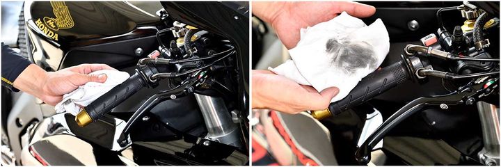 サーキット走行前に実践しておきたいメンテナンスもレクチャーしてくれる。阿部は今回、操作性を高めるためにグリップやシートをパーツクリーナーで清掃しておくことを習った