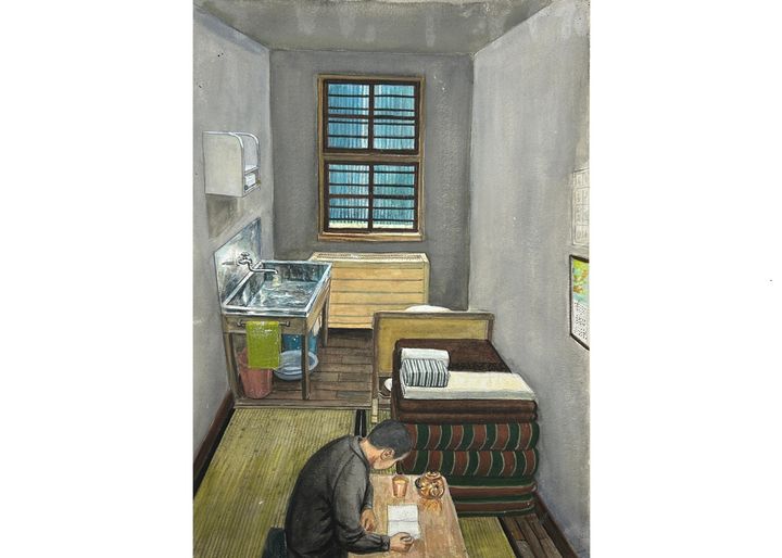 「札幌刑務所独居房、1996年頃」未発表イラストレーション 2004 紙に水彩