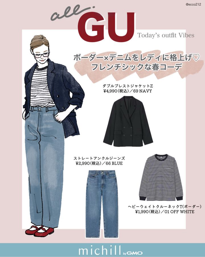 上下GUボーダー×デニムを格上げするフレンチシックコーデ