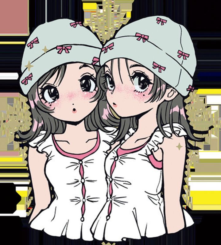 双子座の今月の運勢をイメージした、リンクコーデ風のふたりのガーリーなイラスト