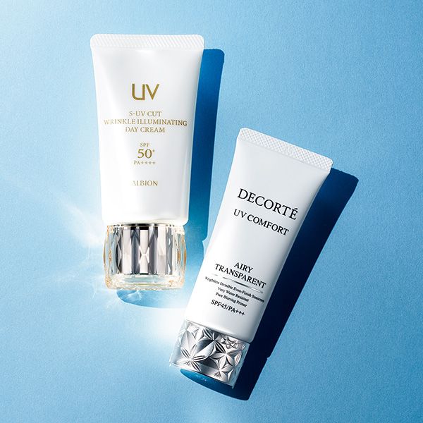 【左】アルビオン S-UV カット リンクル イルミ ネイティング デイクリーム 【右】コスメデコルテ UV コンフォート エアリートランスペアレント