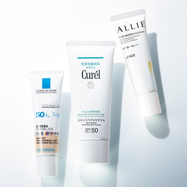 【左】ラ ロッシュ ポゼ UVイデア XL プロテクション トーンアップ ティント 【中】キュレル 潤浸保湿 スキンリペアUVセラム 【右】アリィー クロノビューティ フラット スムースフィルターUV