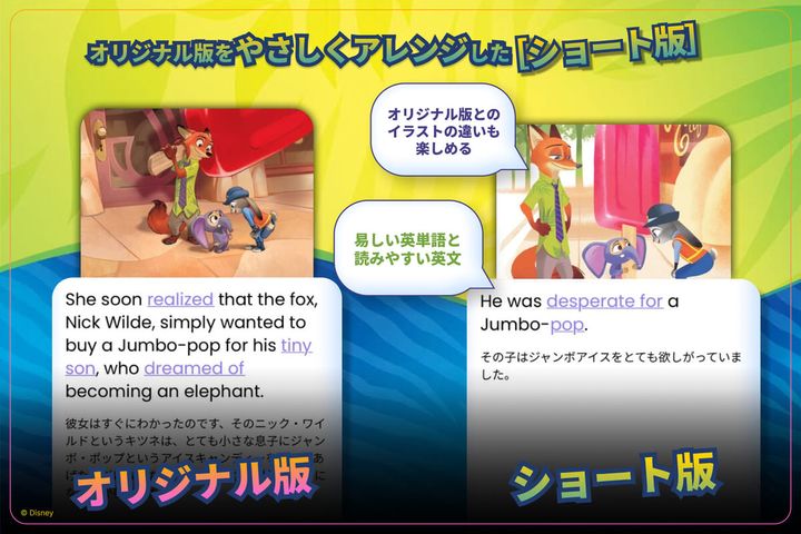 英語初心者の方も無理なく学べるショート版と、アニメーション作品に流れに沿った上級者向けのオリジナル版