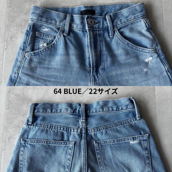 ユニクロ バギーカーブジーンズ丈短め 64 BLUEウエスト前後アップ ダメージ加工