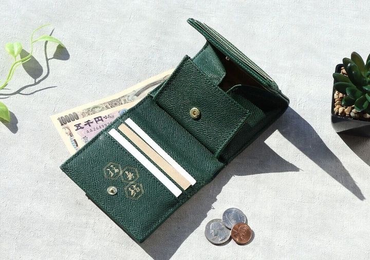 グリーンの福財布を開いてお札やカードを収納した状態の俯瞰写真