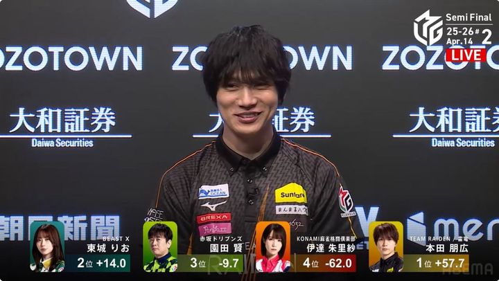 雷電3連勝を決めた本田朋広 （C）AbemaTV, Inc./（C）Mリーグ width=