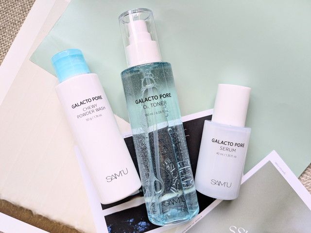 SAM'Uガラクトポアライン3点（チューイーパウダーウォッシュ・オーツートナー・セラム）を並べた商品全体像