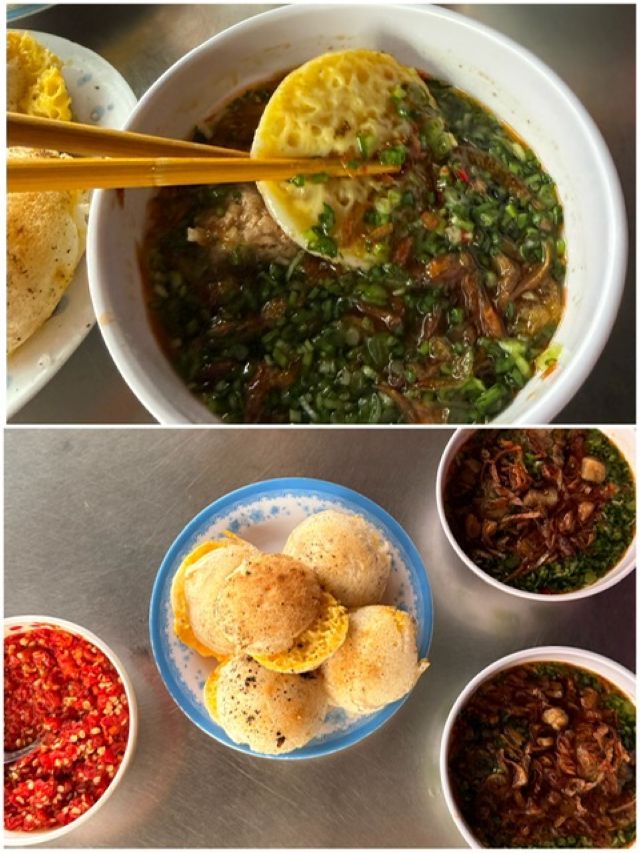 バインカンはネギ油の効いた甘めの魚醬（ヌクマム）のタレにつけて。