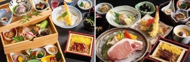 水郷箱御膳3000円(左)とうなぎのミニセイロ御膳2800円 画像提供：亀の井ホテル 柳川