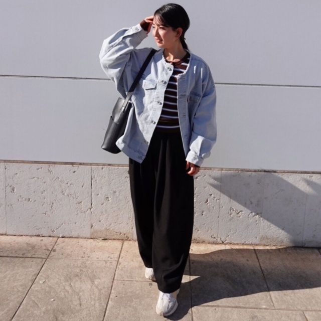 しまむら「AT12GMボーダーヘンリーネックプルオーバー」パンツコーディネート